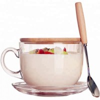 350ml coffee tea drinking cup glass milk cup with wooden lid and spoon